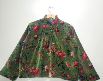 Olive Green Velvet Floral & Bird Print Jacket