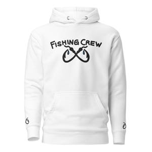 May include: White hoodie with a front pocket and drawstring hood. The front features the text "FISHING CREW" above a graphic of two intertwined fish hooks. A small graphic is on the left and right sleeve cuffs.