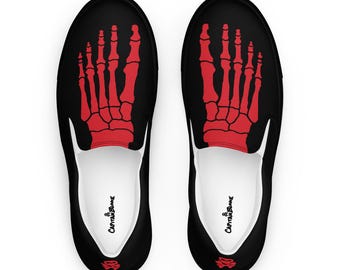 Red Skeleton Feet Men's Slip-On Canvas Shoes, Removable Insoles, Rubber Outsole
