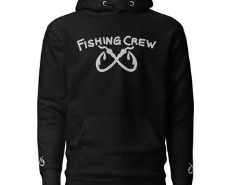 Fishing Crew Hoodie, Embroidered Hooks Design, Soft Cotton Blend, Casual Streetwear with Pouch Pocket and Warm Hood