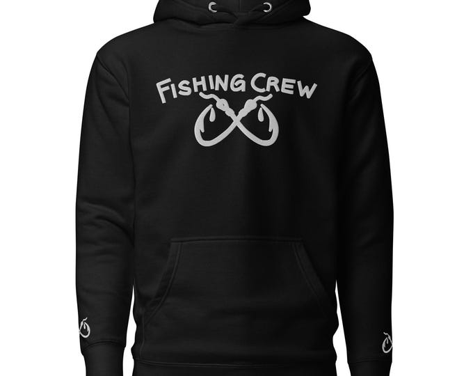 Featured listing image: Fishing Crew Hoodie, Embroidered Hooks Design, Soft Cotton Blend, Casual Streetwear with Pouch Pocket and Warm Hood