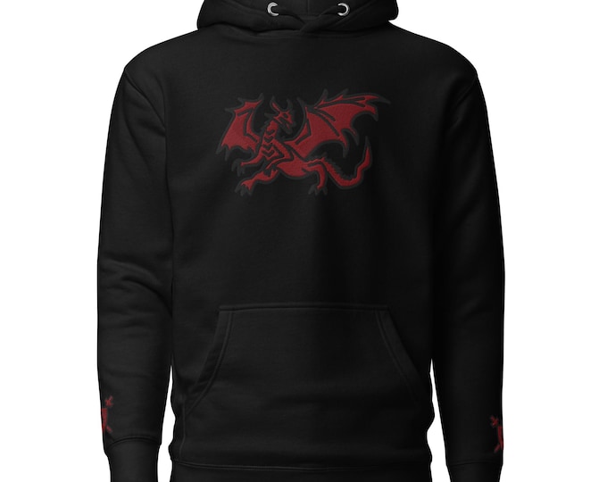 Featured listing image: Dragon Shield & Swords Embroidered Hoodie, Streetwear Pullover with Pouch Pocket, Warm, Casual Gothic Fashion