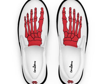 Red Skeleton Feet Men’s Slip-On Shoes, Canvas Skull Print Footwear, Bone Design