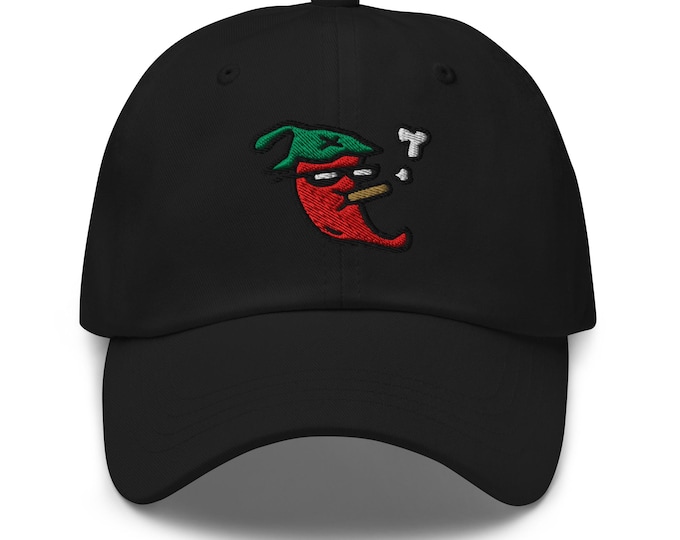 Featured listing image: Embroidered Chili Pepper Dad Hat, Spicy Cap Smoke, Casual, Fun Fire Humor, Adjustable Fit