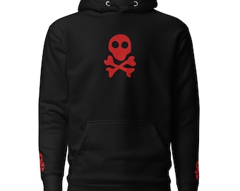 Skull and Bones Embroidered Hoodie, Streetwear Pullover with Pouch Pocket, Soft Cotton Blend
