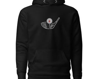 Golf Ball and Driver Embroidered Hoodie, Classic Streetwear Pullover, Pouch Pocket, Warm Cotton Blend