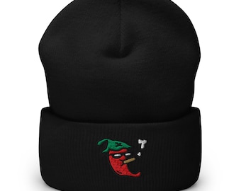Red Smoking Chili Pepper Embroidered Beanie, Spicy Food, Cozy Warm, Rebellious Style, Foodie Gift