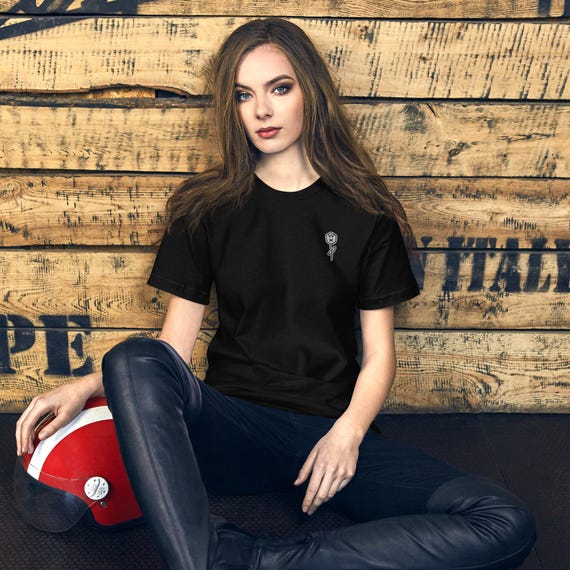 Embroidered Tulip T-Shirt, Gothic Rock Unisex Cotton Tee, Casual Streetwear, Flower Embroidery