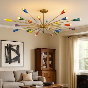 16-Light Multicolor Shade Brass Sputnik Flush Mount | Mid-Century Modern Ceiling or Wall Lamp Fixture