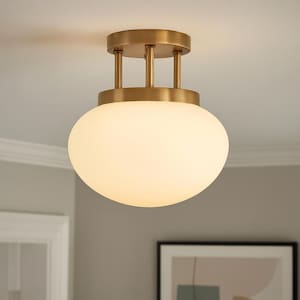 Modern Brass Semi Flush Mount Light with Opal Glass Globe Shade – 1-Light Fixture