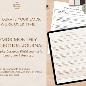 Może przedstawiać: Dziennik refleksji miesięcznej EMDR z tekstem "Zintegruj swoją pracę EMDR w czasie". Dziennik jest przeznaczony do integracji i postępu. Obraz zawiera tablet z wyświetlonym dziennikiem i wersję papierową, z długopisem i paletą kolorów.