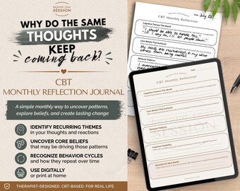 CBT Monthly Reflection Journal | Cognitive Behavioral Therapy Core Beliefs & Thought Patterns PDF (Printable/Digital)