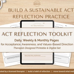 Könnte beinhalten: Ein ACT-Reflexions-Toolkit mit täglichen, wöchentlichen und monatlichen Seiten für Akzeptanz, Achtsamkeit und wertebasierte Ausrichtung. Das Toolkit ist von Therapeuten entworfen und als druckbares und digitales Set erhältlich.