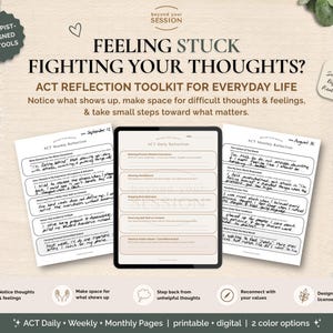 May include: An ACT reflection toolkit featuring three documents: a weekly reflection sheet, a daily reflection sheet on a tablet, and a monthly reflection sheet. The pages contain prompts and handwritten text. The header reads FEELING STUCK FIGHTING YOUR THOUGHTS? ACT REFLECTION TOOLKIT FOR EVERYDAY LIFE.