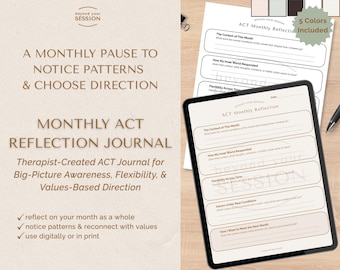 ACT Monthly Reflection Journal | Acceptance & Commitment Therapy Worksheet | Values-Based Living, Therapist-Created PDF