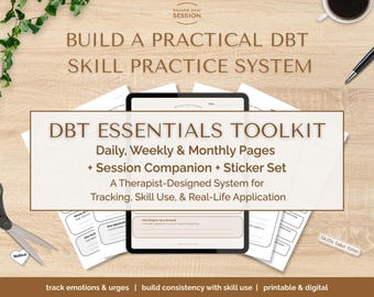 DBT Essentials Toolkit | Therapy Daily, Weekly, Monthly Pages, Session Companion, Stickers (Printable/Digital PDF)