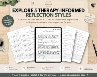 Pode incluir: Um conjunto de cinco folhas de trabalho de reflexão baseadas em terapia com abordagens TCC, DBT, EMDR, ACT e IFS. Os documentos incluem sugestões para reflexão diária e autoconsciência, apresentadas num formato claro em tons de cinzento.