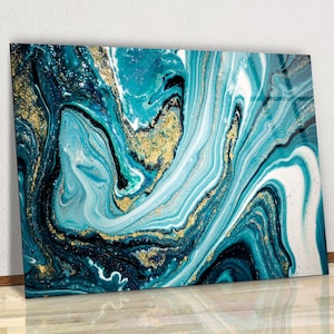 Tempered Glass Wall Art & Canvas Wall Art, Ocean Colors Modern Abstract Living Room Decor, Bedroom Wall Prints, Luxury Home Wall Art
