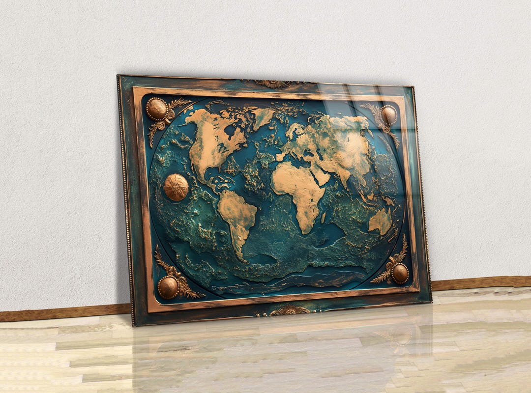 Embossed Gold and Teal World Map Art, Glass Wall Art & Canvas Wall Art ...
