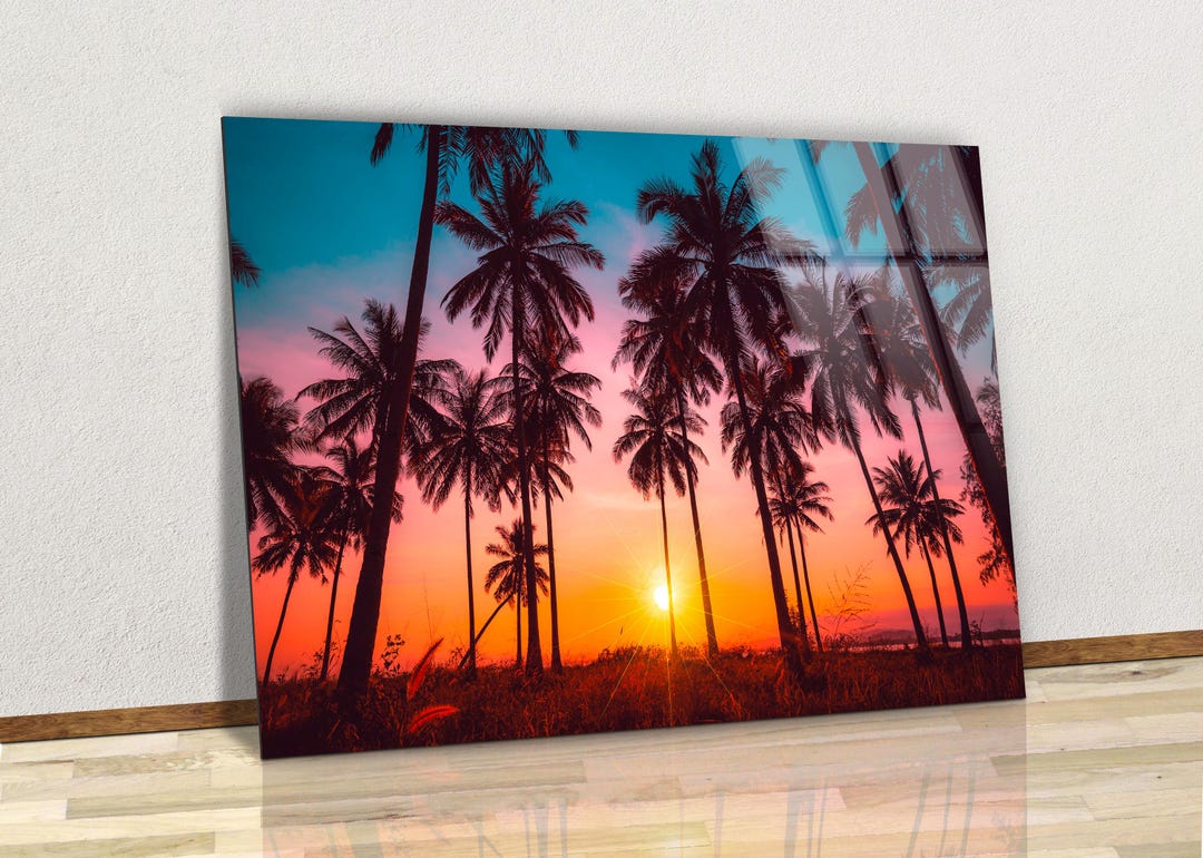 Tropical Beach Sunset Over Palm Tree, Glass Wall Art & Canvas Wall Art ...