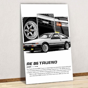 May include: A poster featuring a white and black Toyota Corolla AE86 Trueno car illustration. The poster includes the text "AE 86 TRUENO" and details about the car's specifications and history. The car is depicted with its wheels and headlights.