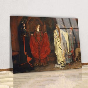 May include: A framed print of a painting depicting three figures in medieval attire. The central figure wears a red gown, flanked by figures in black and cream-colored robes. A dog is visible in the background.