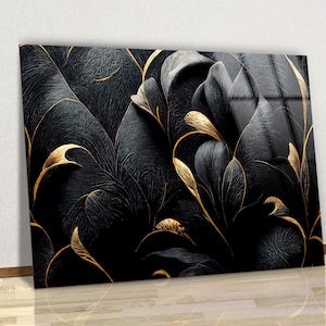 Luxury Black and Gold Flower Shapes Art , Glass Wall Art & Canvas Wall Art, Living Room Decor, Bedroom Wall Prints, Luxury Home Wall Art