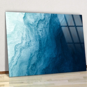 Art mural en verre et toile, vagues de l&#39;océan, vagues bleues abstraites de la mer, décoration de salon, impressions murales de chambre à coucher, art mural de maison de luxe