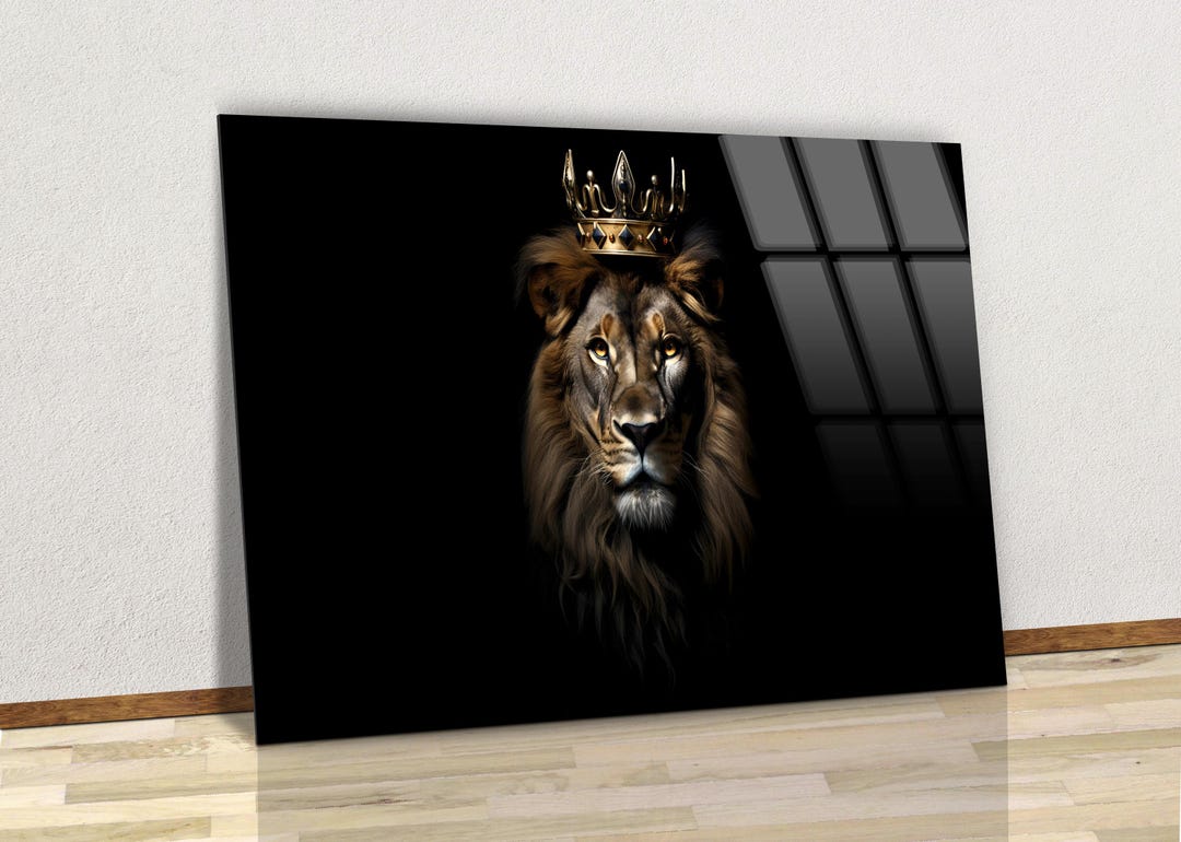 Lion King With Gold Crown on Black, Glass Wall Art & Canvas Wall Art ...