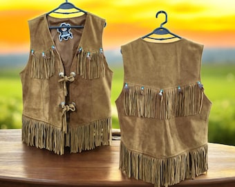 Chaleco de gamuza con flecos para mujer: Chaleco de cuero genuino estilo western para mujer, de piel suave y con flecos.