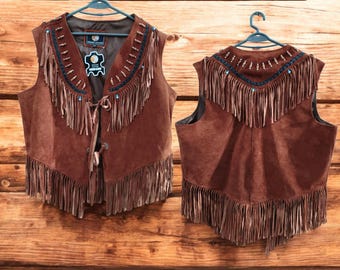 Chaleco de gamuza con flecos para mujer: chaleco de cuero genuino estilo western para mujer, de piel suave y con flecos.