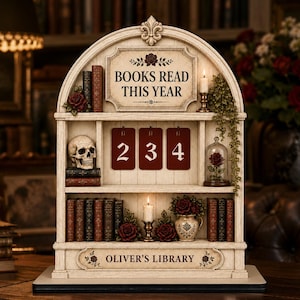 Libros leídos este año Biblioteca de calaveras góticas Letrero personalizado de madera para seguimiento de lectura Decoración Dark Academia personalizada Regalo espeluznante para amantes de los libros de Halloween