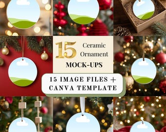 Christmas Ornament Mockup Bundle Ceramic White Round Ornament Box Canva Template Print On Demand Ornament With Gold String Mockup Holiday