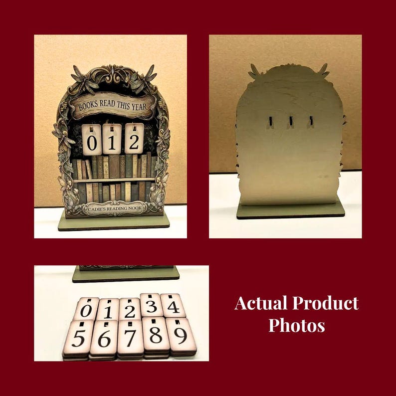 May include: A decorative book tracker display featuring an arched frame with dragonfly and floral carvings. The text reads "BOOKS READ THIS YEAR" and "CADIE'S READING NOOK". It includes a set of interchangeable number tiles from 0 to 9.