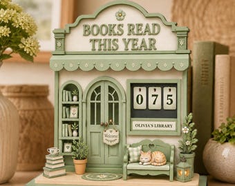 Cartello in legno personalizzato per tenere traccia delle letture in una libreria accogliente, contatore dei libri letti quest'anno, regalo personalizzato per amanti dei libri e dei gatti, decorazione in stile cottagecore pastello