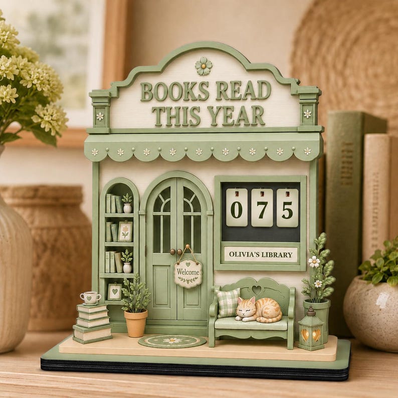 cozy bookshop reading tracker sign personalized wooden books read this year counter custom cat book lover gift pastel cottagecore library decor gift for teen girl girl reader daughter student cute bookish sign yearly book goal display cozy reading nook decoration home library decor bedroom bookshelf decor cat reading challenge tracker
