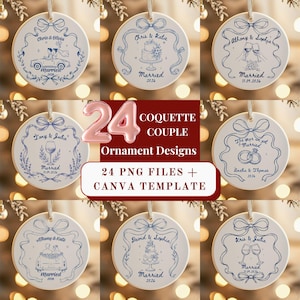Könnte beinhalten: Eine Sammlung von 24 runden, weißen Keramikornamenten mit blauen Strichzeichnungen von Hochzeitsthemen wie Autos, Torten und Ringen, mit dem Text 24 COQUETTE COUPLE ORNAMENT DESIGNS 24 PNG FILES + CANVA TEMPLATE.