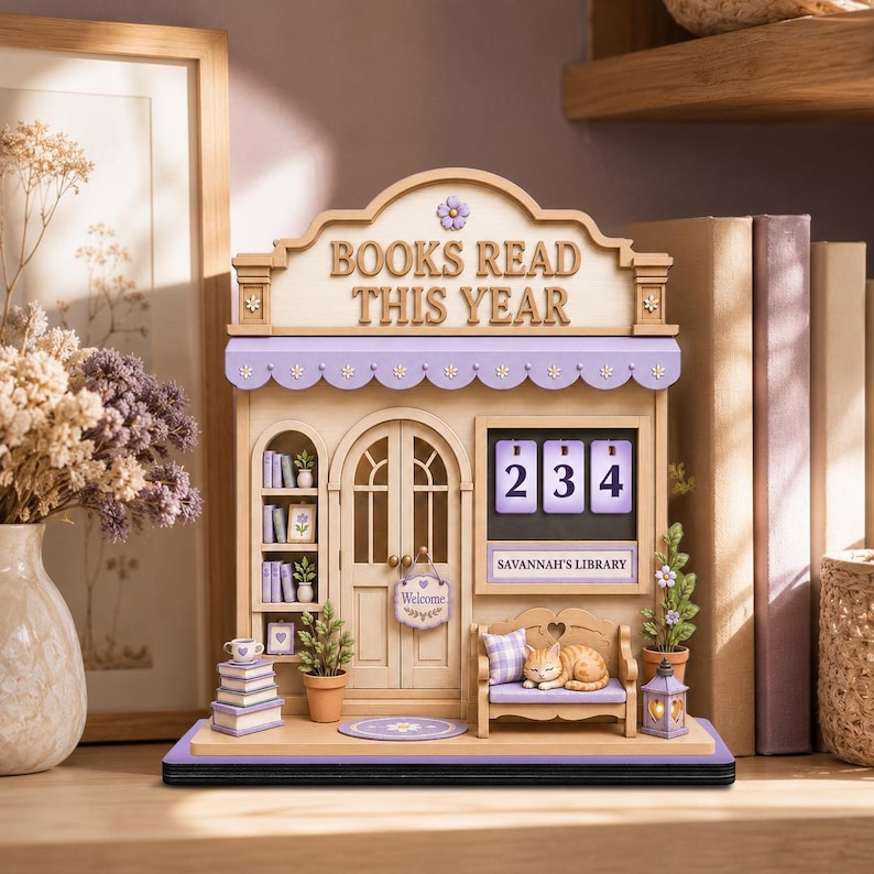 personalized cozy bookshop reading tracker wooden sign books read this year counter custom cat book lover gift pastel cottagecore decor gift for girl teen girl reader daughter cute bookish room decor cozy reading nook sign personalized book counter yearly reading goal tracker cat library decor pastel bedroom decor bookshelf display