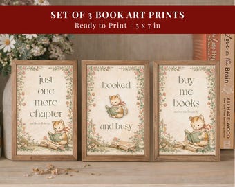 Set of 3 Prints Vintage Bookish Printable Book Lover Wall Art Bundle Library Bookshelf Digital Download Book Club Art Set for Reading Room