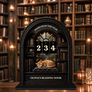 May include: A black wooden bookshelf-shaped reading counter with the text "BOOKS READ THIS YEAR" and "OLIVIA'S READING NOOK". The counter displays the number 234 and features a sleeping orange tabby cat on a pillow.