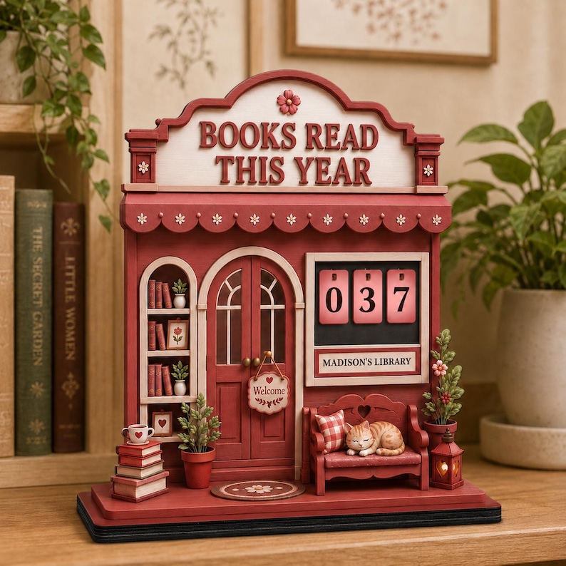 personalized book counter sign cozy bookshop reading tracker wooden library decor books read this year display custom cat book lover gift pastel cottagecore decor for girl reader teen girl bookworm daughter student cozy home library decor reading nook wall decor cute bookish decoration yearly reading challenge sign pastel bedroom library decor