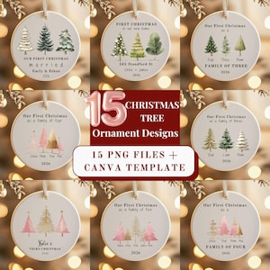 May include: A collection of 15 round white ceramic Christmas tree ornaments featuring watercolour illustrations of various evergreen trees, personalised text, and dates. The set includes digital PNG files and a Canva template for customisation.