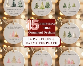 May include: A collection of 15 round white ceramic Christmas tree ornaments featuring watercolor illustrations of various evergreen trees, personalized text, and dates. The set includes digital PNG files and a Canva template for customization.
