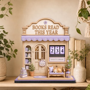 personalized book counter sign cozy bookshop reading tracker wooden library decor books read this year display custom cat book lover gift pastel cottagecore decor for girl reader teen girl bookworm daughter student cozy home library decor reading nook wall decor cute bookish decoration yearly reading challenge sign pastel bedroom library decor