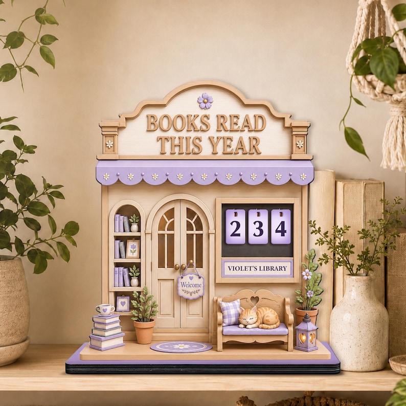 personalized book counter sign cozy bookshop reading tracker wooden library decor books read this year display custom cat book lover gift pastel cottagecore decor for girl reader teen girl bookworm daughter student cozy home library decor reading nook wall decor cute bookish decoration yearly reading challenge sign pastel bedroom library decor