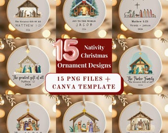 Nativity Christmas Ornament PNG Bundle 2026 Christian Jesus Birth Illustration Mary Virgin The Greatest Gift of All Nativity Design Ideas