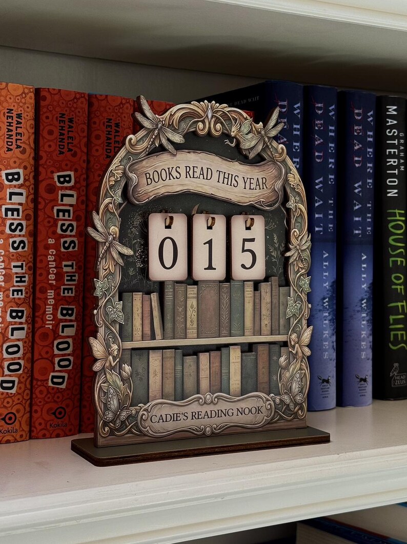 May include: A decorative wooden book tracker featuring an arched frame with dragonfly and fairy motifs. It displays the text "BOOKS READ THIS YEAR" and "CADIE'S READING NOOK" with three hanging number tiles showing "015" above a shelf of miniature books.