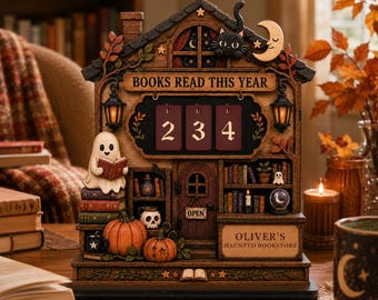 Gepersonaliseerde spookboekhandel Black Cat Reading Tracker Houten bord Boeken Lees dit jaar Aangepast Halloween Spooky Ghost Pumpkin Witchy-cadeau