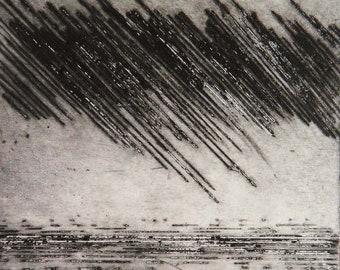 Heavy weather II original drypoint etching print of a rain storm over the sea original printmaking print 7 of an edition of 10