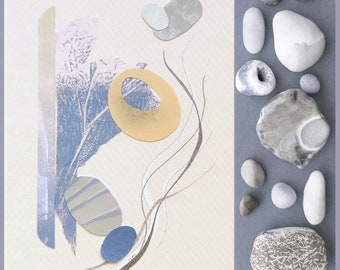 Minimalist semi-abstract collage and mixed media pebbles and shoreline